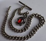 Fabulous antique solid silver pocket watch albert chain w/ silver & amber fob