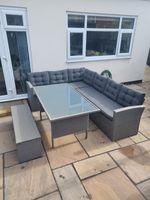 Grey Rattan-Effect Corner Sofa Set 3pc Glass-Top Table Bench Cushions