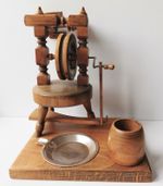 Vintage smokers companion Miniature wooden spinning wheel ashtray match holder