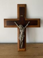 Vintage Large French Wall Crucifix Cross Wood And Metal Mid Century 