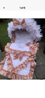 ROMANY PRAM PUSHCHAIR - WHITE COSYTOES + HOOD FRILL/TRIM + ROSE GOLD RIBBON