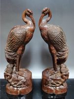 6.0" Collect China Box-Wood Hand Carving red-crowned crane Statue A Pair