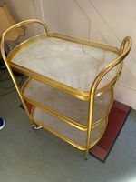 Vintage Gold Tone Metal Drinks Trolley 3 Shelves Marbled 4 Wheels Rectangular