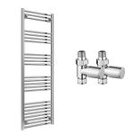 Reina Capo Flat Chrome Bathroom Heated Towel Rail 1800 x 500 and Manual Valves