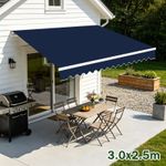 3x2.5m Patio Awning Manual Garden UV Sun Shade Retractable Outdoor Canopy Blue