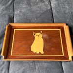 Wood Inlay Cat Serving Tray With Handles Teak Handmade Vintage Marquetry Treen