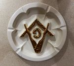 White Glossy Ceramic Round Ashtray with Gold Masonic Square & Compass Emblem