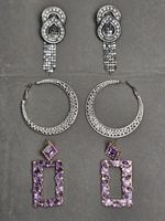 Retro 80s Large Rhinestone Earrings Lot Of 3 Pair Pierced Tassle Hoop Dangle 