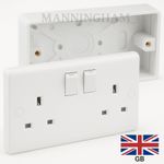 2 Gang White Twin Double Switched Wall Socket and 25mm Surface Pattress Back Box
