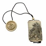Antique Japanese Carved Bovine Inro & Netsuke Disc - Tiger Design 3 Compartment