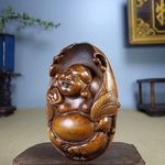 Vintage Japanese Netsuke Boxwood Carved Maitreya Buddha Statue Home Decoration