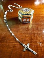 Antique Art Deco Sterling Silver Hand Cut Glass Bead Rosary & Vtg Italy Deco Box
