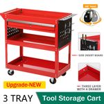 Tool Storage Heavy Duty Garage Trolley Workshop 3 Tier Wheel Cart DIY Red UK