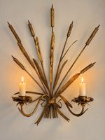 XL Gold Gilt Toleware Wheat Wall Two Candle Sconce Cattail Bow Hollywood Regency