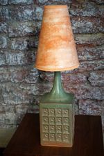 Vintage Mid-Century Square Geometric Green Studio Pottery Lamp + Mottled Shade.
