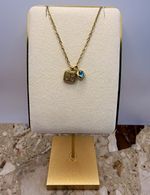 Gold Plated Necklace 18ct Stainless Steel 38cm Square Libra Charm Blue Stone