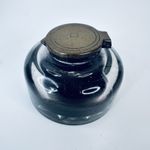 Antique Victorian Glass Inkwell Original Brass Hinged Lid Desk Ink Bottle 7.5cm