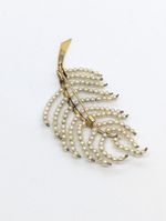 Unique Vintage gold tone brooch with 'pearl' strand leaf design - USED