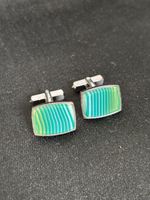 MINT Surface Natural Green Striped Agate Vintage Silver tone Cufflinks