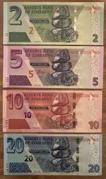 Lot of 4 x Zimbabwe banknotes. 2, 5, 10, 20 Dollars. Dated 2019/2020. Unc Set.
