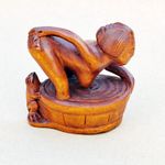 M8678 - 2" Hand Carved Japanese Boxwood Netsuke : Geisha Woman & Frog on Tub