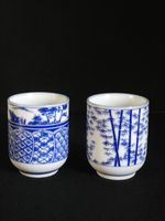 Vintage Japanese Blue & White Porcelain Yunomi Teacups Pair Bamboo & Landscape