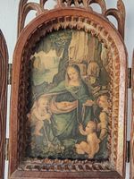 Vintage Carved Wooden Religious Triptych Wall Hanging with Old Devotional Print