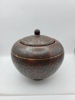 Vintage Studio Pottery Tobacco Jar Mottled Black Brown Glaze and Gold Bands