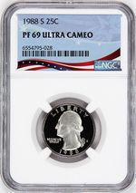 1988-S Washington Proof Quarter, Graded PF69 Ultra Cameo by NGC, Patriotic Label