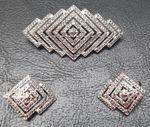 Vintage 50's Marcasite Brooch And Clip On Earrings Set Diamond Shape