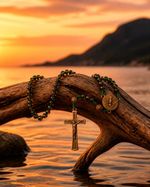Handmade Green Glass Christian Rosary Beads with  Holy Spirit Medallion