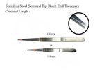 Stainless Steel Tweezers, Serrated and Blunt End. Choice of Length. S7800