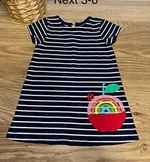 NEXT Girls Blue White Striped Rainbow Appliqué Jersey Cotton A-Line Dress 3-6M