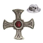 English Handmade Pewter St Cuthbert's Cross & Red Stone Lapel Pin Badge