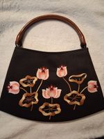 Vintage Handmade Embroidered Wood Handle Bag Purse Black With Floral Design