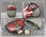 Antique c1900 Leather Bound Oval Blown Glass Hip Flask Pewter Drinking Cup & Cap