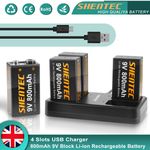 9 Volt Block 6F22 9V Lthium Li-ion Rechargeable Battery + 4 Slot Battery Charger