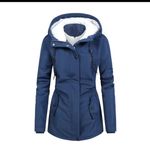 Womens Blue Hooded Zip Button Pockets Parka Size M