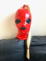 Red Latex Hood Rubber Mask w/ Mouth&Eyes Open and Single Ponytail Blonde Wig