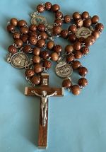 Vintage Italian Crucifix Rosary Brown Carved Olive Wood Beads Italy 26”