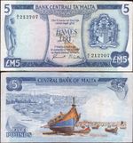 Malta. Five Liri (1973) (WPM 32f) B/6 212707 Crisp F-VF.