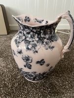 Large Antique Vintage Floral Pitcher Water Jug White With Blue Flower Design 