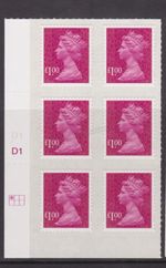 GB SG U2933 MNH MINT STAMP MACHIN DEFINITIVE £1 MAGENTA M11L MAIL CYL BLOCK R1C1