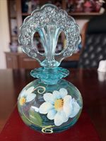 Lovely Fenton Glass Hand Painted “Cooper Blue” Perfume Bottle w/Art Deco Stopper