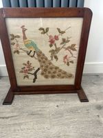 Vintage Embroidered Peacock Fire Screen Wooden Frame Tapestry Fireplace Guard