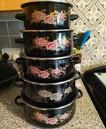 10-Piece Black Floral Enamel Saucepan Set with Glass Lids,