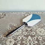 Art Deco Blue striped Enamel Hand Mirror Vintage Chrome Bevelled Vanity