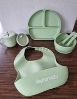 Baby Feeding Set Silicone Weaning Supplies Plate Bowl Bib Spoon Fork Cup Green