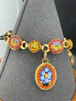 Vintage Italian Micro Mosaic Bracelet Charm Red Orange Flower Gold Tone 6"