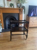 Vintage Oak Carved Twist Drinks Trolley Tea Cart 2 Tier Serving Cart on Castors